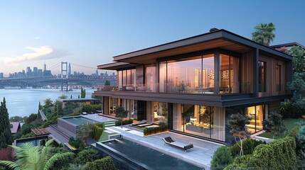 Fototapeta premium Modern Villa with a Swimming Pool and a City Skyline View