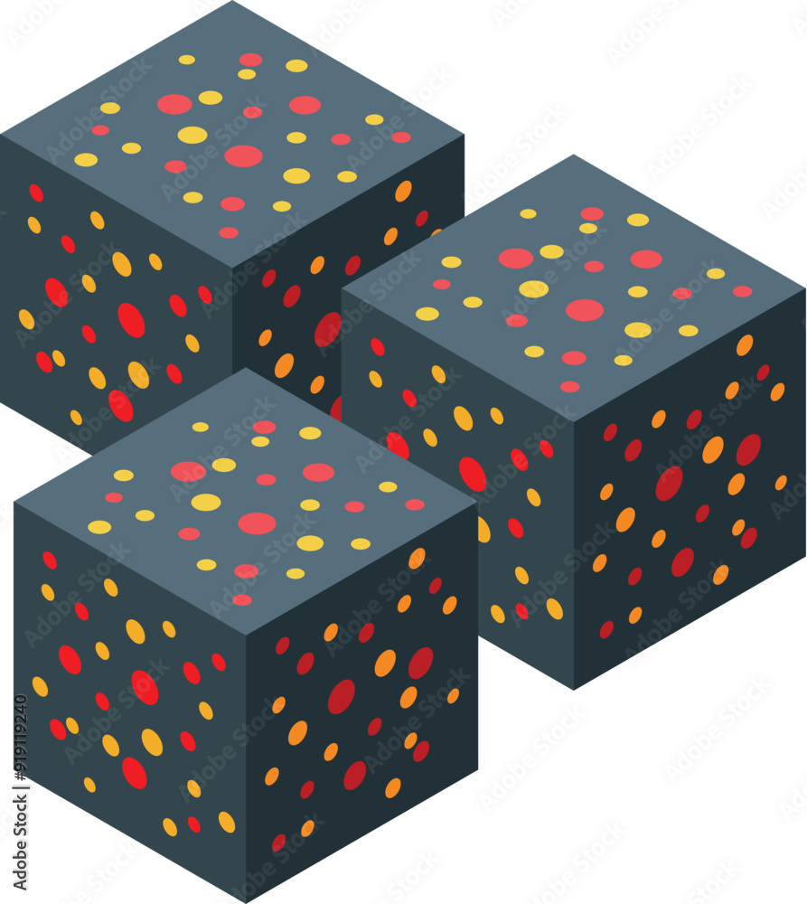 Poster three isometric cubes representing a digital mining platform extracting cryptocurrency using blockch