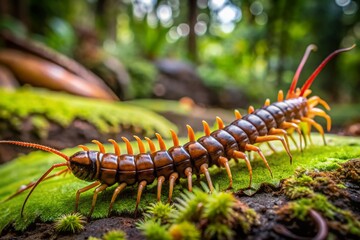 A slender, elongated centipede with numerous legs scurries across a moist forest floor, its segmented exoskeleton glistening in the dappled light of the natural environment.