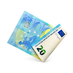 Blue folded flying twenty euro banknote isolated. Transparent PNG image.