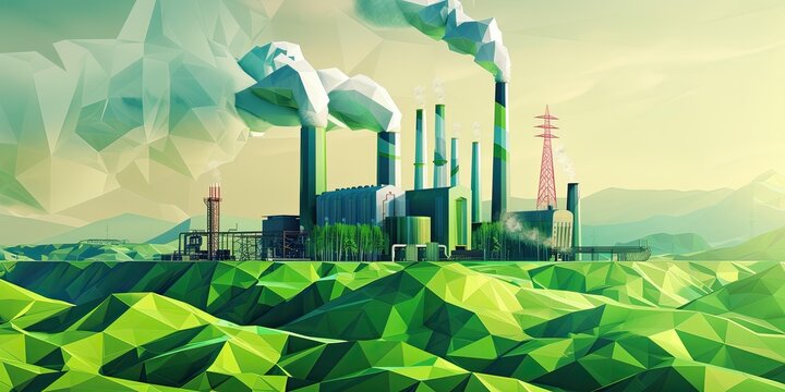 Factory with smoke, green hills, and low poly style.