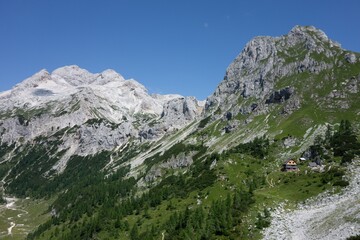 Landscape of Julian Alps in Slovenia with Vodnikov dom and Triglav peak