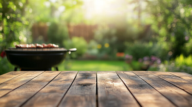 "Summer time in a backyard garden featuring a grill BBQ and a wooden table, with a blurred background creating a relaxed and inviting atmosphere."