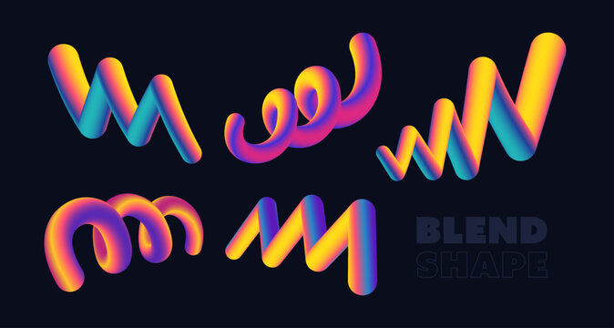 Set of abstract fluid curve in different shape. Gradient blend line. Creative design elements for cover, mockup, banner, poster and background. Vector illustration.