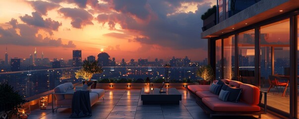 Naklejka premium Stunning sunset view from a modern balcony overlooking a vibrant city skyline, creating a serene and luxurious atmosphere.