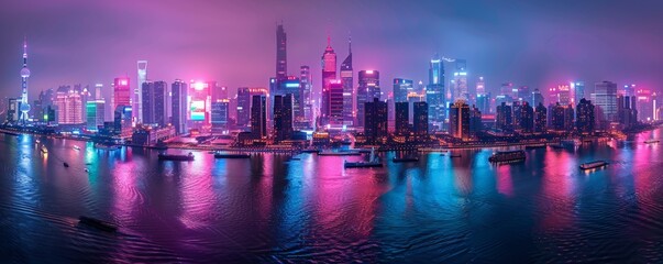 Obraz premium Stunning panoramic view of a vibrant city skyline at night, illuminated by colorful lights reflecting on the water.