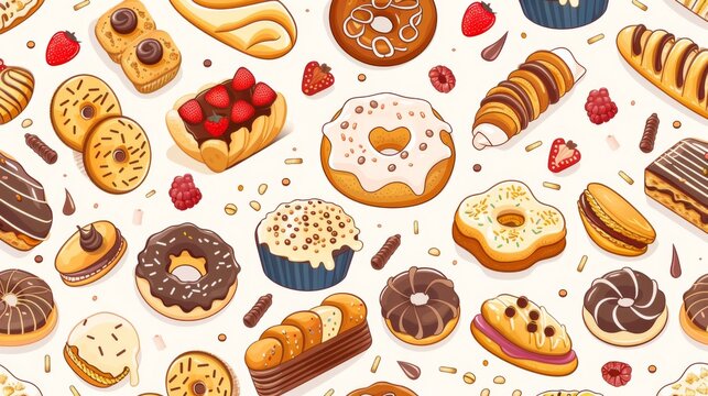 Cheerful seamless pattern of bakery items.