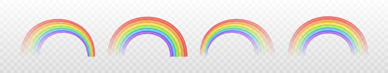 Collection of transparent rainbows. Realistic rainbows in different shape and size isolated on transparent background. Rainbow in arch shape as effect after rain. Vector illustration.