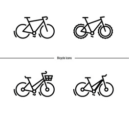 Obraz premium Set of bicycle icons. Black cycle logotype. Different types of bicycles: e-bike, city, mountain, downhill, bmx, track, retro, racing bicycle silhouettes. Thin line sport icon collection. Cycling