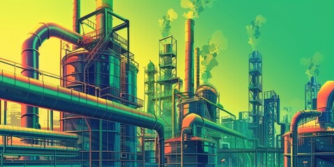 Fototapeta premium Industrial complex with smokestacks and pipes.