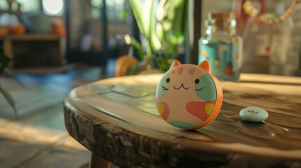 Obraz premium A Cartoon Cat-Shaped Object on a Wooden Tabletop