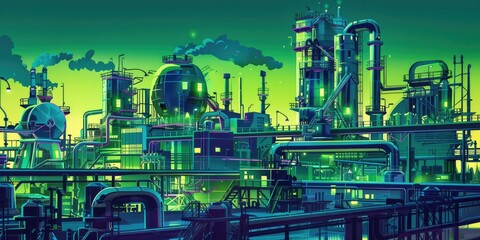 Futuristic industrial complex lit by neon.