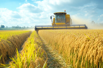 Fototapeta premium A modern approach to rice harvesting using a combine harvester in action cutting and harvesting rice on a large plantation, demonstrating efficiency and manufacturability.