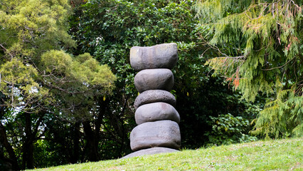 Scenic landscape view of Peacemaker boulder sculpture in  Wellington Botanic Garden in capital city of Wellington, New Zealand Aotearoa