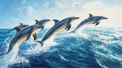 Fototapeta premium Dolphins Leap Out of the Ocean in Playful Display