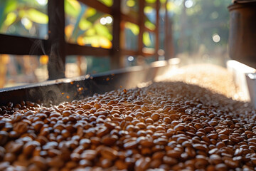 Coffee drying area with different types of coffee beans on a farm in Brazil.