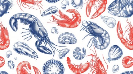 Fototapeta premium Delicate seamless pattern of assorted seafood.