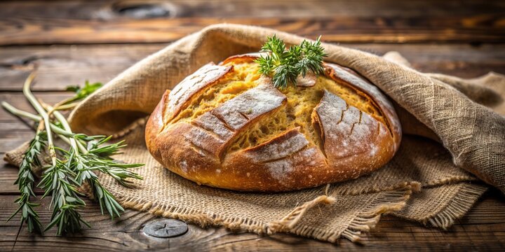 Freshly baked rustic bread with crusty texture and warm golden color, arranged artfully on a vintage wooden table surrounded by fresh herbs and linen cloth.