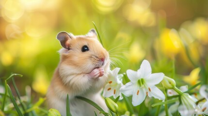 Cheerful Hamster with White Lily in Vibrant Nature Setting