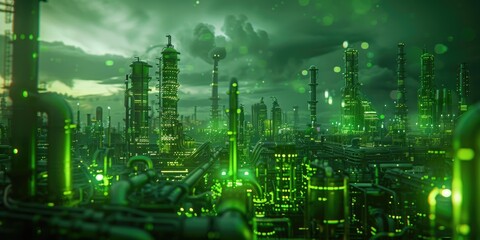 Fototapeta premium Green futuristic city glowing at night.