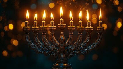 Hanukkah Menorah Lit with Seven Candles, Glowing in a Dark, Festive Background