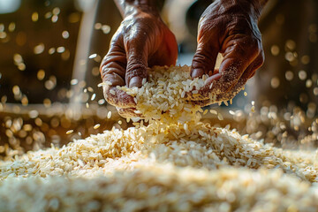 Close-up of a worker's hands as he skillfully separates the grains of rice from the chaff, focusing on the technique and details of this important step.