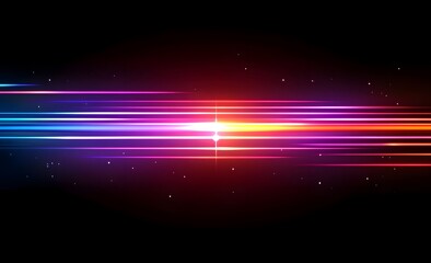 Abstract background with colorful laser rays, light streaks and glow lines on a black backdrop. 