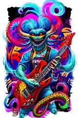 a colorful illustration of a monster playing an electric guitar in concert, rock star, entertainer, musician, music, stage lights, energy, performance, audience, crowd, live music, rock concert,
