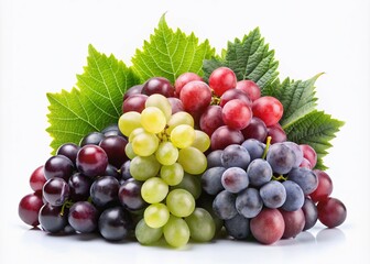 Assorted fresh grapes including black, white, and red varieties surrounded by a single grape leaf, isolated on a clean white background, showcasing natural colors.