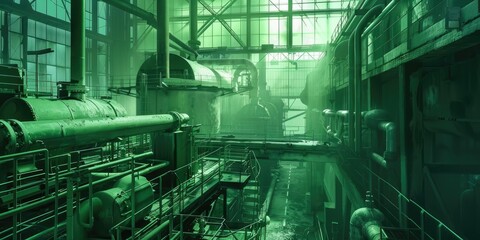 Green industrial factory with pipes and machinery.