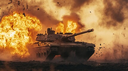 Fototapeta premium Armored Tank Firing Main Cannon - Military Vehicle Action Photo