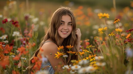 Naklejka premium Girl standing in a field of flowers, looking at the camera with a gentle smile.