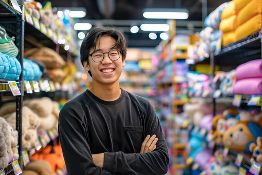 Portrait of a happy young sales assistant smiling with crossed arms, working in a toy store, surrounded by colorful products