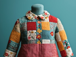 Detailed shot of a doll is apron with patchwork squares and delicate embroidery, showcasing the textures and stitching, [doll + patchwork + embroidery], [textile detail]