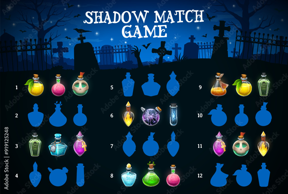 Poster halloween kids game to find correct shadow of potion bottles, vector puzzle worksheet. cartoon game 