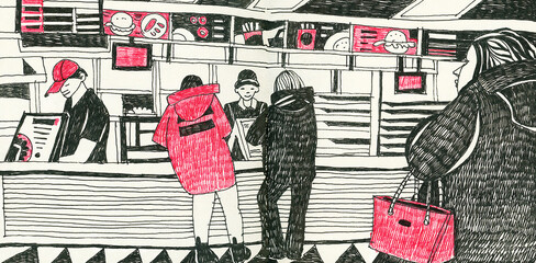 A sketch in a sketchbook. People in a fast food restaurant.