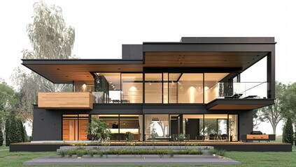 Obraz premium White modern house, black windows, illuminated at night, lush yard, luxury feel