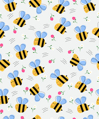 Bee pattern with flowers on light gray background.