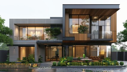 Fototapeta premium White modern house, black windows, illuminated at night, lush yard, luxury feel