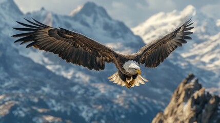 Fototapeta premium Majestic Bald Eagle Soaring Over Rugged Mountain