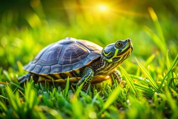 Obraz premium A tiny turtle, Trachemys scripta, slowly crawls through a lush green grassy meadow, its shell glistening in the sunlight, an unusual yet charming pet for a home.
