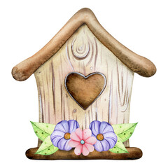 Watercolor illustration on a transparent background. Birdhouse with flowers.