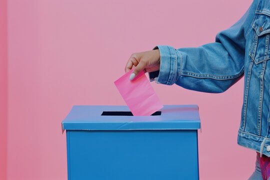 A person placing a pink note into a blue box, for organization or communication