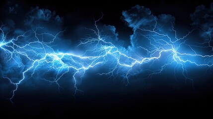 A dramatic image of a blue lightning strike through dark storm clouds.