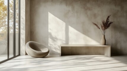 Sunlight illuminating minimalist office with large windows