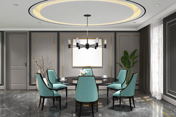 3d render of illustration classic interior design dining room with profile panel and frame mock up. Dark gray marble, gray wall and white ceiling. Set 103