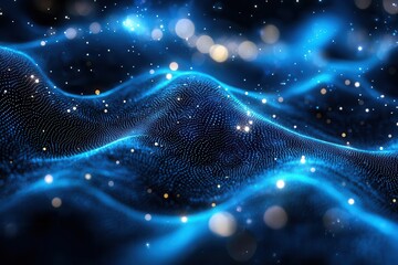 abstract digital network concept glowing nodes and connections forming global shape cool blue tones with data streams futuristic dynamic composition