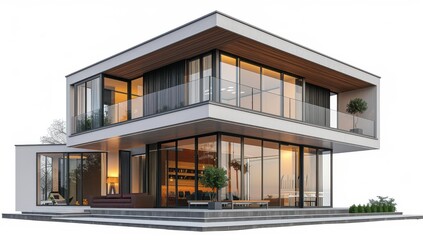 Fototapeta premium Modern house, front view, 3D rendering, wooden elements, glass windows, courtyard garden