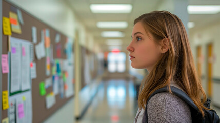 Teenage Girl Looking Thoughtfully at a Bulletin Board in a School Hallway