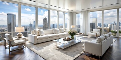 "Elegant white apartment suite's lounge features sleek modern furniture, floor-to-ceiling windows, and a stunning city view, exuding opulence and refined sophistication."